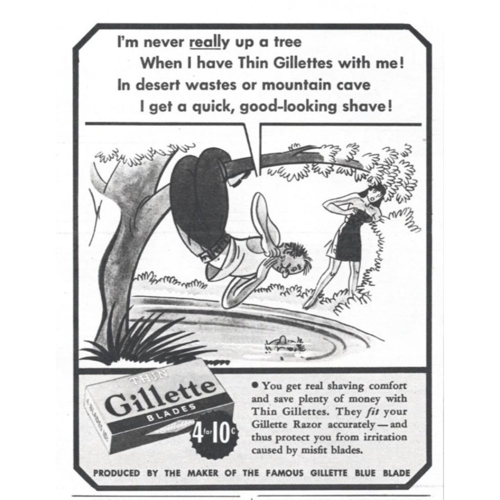 1944 Gillette Razor Blades Vintage Print Ad Up a Tree Cartoon Wall Art 5 x 6"
